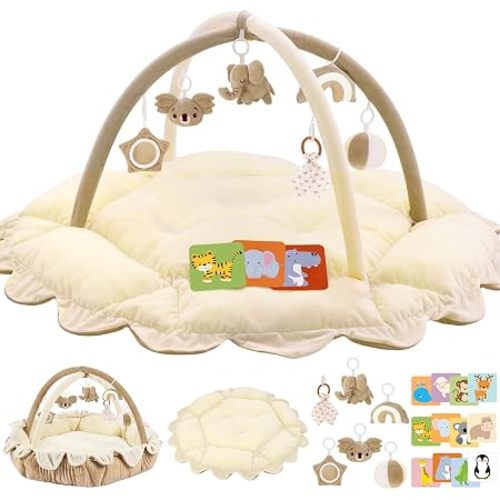 5-in-1 Plush Baby Play Gym, Activity Mat with Convertible Gym, Baby Gym 6 Sensory Toys, Play Center for Newborn to Toddler, Cream