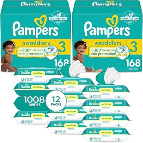 Pampers Swaddlers Disposable Baby Diapers Size 3, 2 Month Supply (2 x 168 Count) with Sensitive Water Based Baby Wipes 12X Multi Pack Pop-Top and Refill (1008 Count)