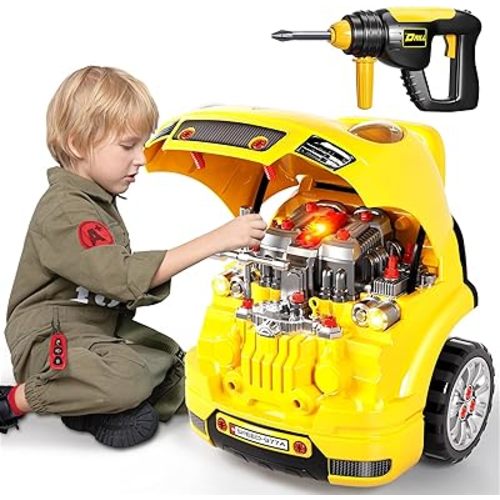 Deejoy Large Truck Builder Kit for Toddlers 3-5, Kids Mechanic Workshop Set with Light and Sound, Removable Engine, Yellow, 15.3x18.7inch