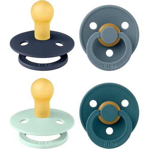 BIBS Pacifiers - Colour 4 Pack | Round Nipple Baby Pacifier | BPA Free Natural Rubber Latex Soother | Made in Denmark | Size 0-6