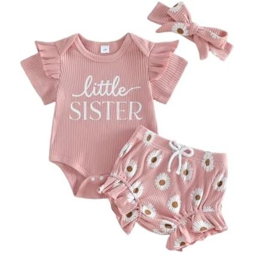 Newborn Baby Girl Clothes Infant Summer Outfits Little Sister Ruffle Romper Daisy Shorts Headband Set 0-18 Month