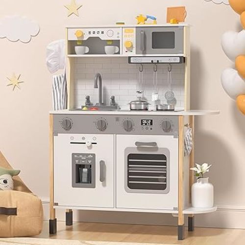 BIERUM Play Kitchen, Wooden Kids Kitchen Playset for Toddlers with Real Lights & Sounds, Height Adjustable Toys Kitchen with 30 Pcs Toy Food & Cookware Accessories