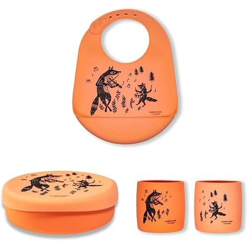 modern-twist 100% Food-Grade Silicone, Waterproof and Reusable – Orange Fox Family Bucket-Bib, Meal Set, and Sip Set (Set of 3)