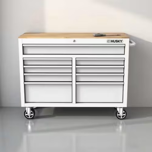 Husky Tool Storage 46 in. W x 18 in. D 9-Drawer Gloss White Mobile Workbench Cabinet H46X18MWC9WHT