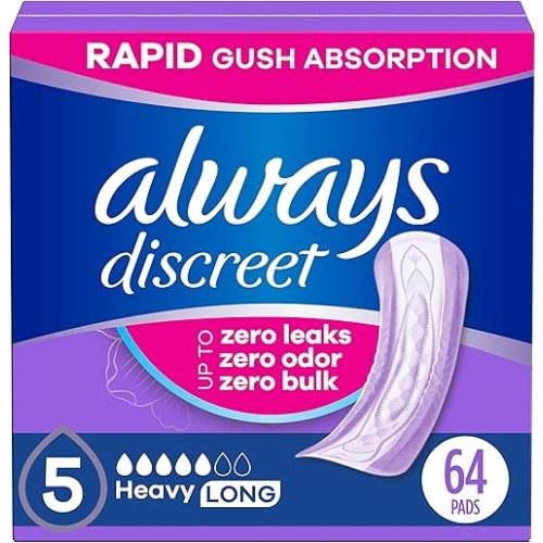 Always Discreet Adult Incontinence Pads for Women, Heavy Absorbency, Long Length, Postpartum Pads, 32 Count x 2 Packs (64 Count Total) (Packaging May Vary)