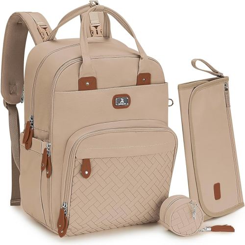 Dikaslon Diaper Bag Backpack with Portable Changing Pad, Pacifier Case and Stroller Straps, Large Unisex Baby Bags for Boys Girls, Multipurpose Travel Back Pack for Moms Dads, Milk Tea Khaki
