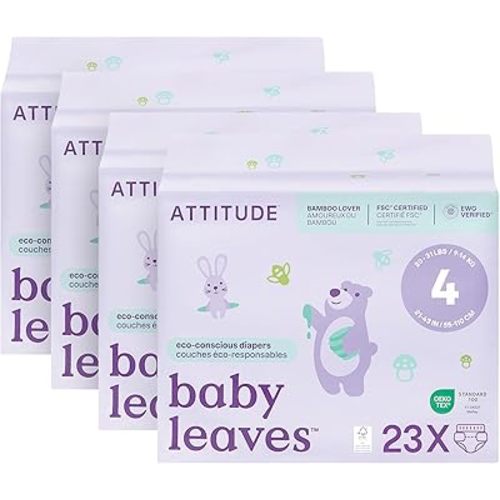 ATTITUDE Eco-Conscious Disposable Diapers, EWG Verified, Size 4 (20-31 lbs), Ultra Absorbent for Baby, Vegan & Plant-Based, 23 Count (Pack of 4)