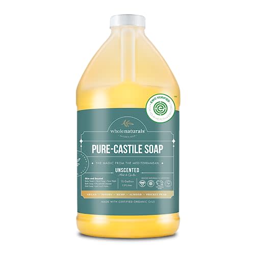 WHOLENATURALS Pure Castile Soap Liquid, EWG Verified & Certified Palm Oil Free Unscented, Natural, Mild & Gentle Non-gmo & Vegan - Organic Body Wash, Laundry, and Baby Soap - 64 Fl Oz