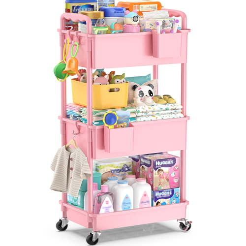 SUNALLY Baby Diaper Caddy Organizer Cart, 3-Tier Rolling Utility Cart with Lockable Wheels for Nursery Essentials, Large Capacity Mobile Storage Carts for Newborn, Pink