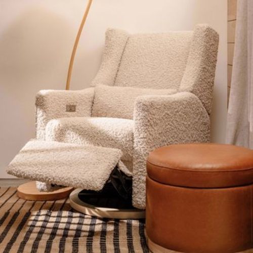 Babyletto Kiwi Electronic Recliner and Swivel Glider with USB port - Almond Teddy Loop with Light Wood Base