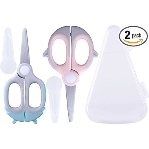 Baby Food Scissors Kicthen Shears - Healthy Portable Cute Kitchen Scissors with Dust Cover and Storage Travel Case - Ideal for Cutting Meat, Chicken, Vegetables, Fruits(Bee Blue+Panda Pink)