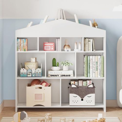 Kids Bookshelf 9-Cubby Toy Storage Organizer, White Wooden Bookcase and Playhouse Cabinet, Toy Shelf for Nursery, Playroom, Boys & Girls Kids Room