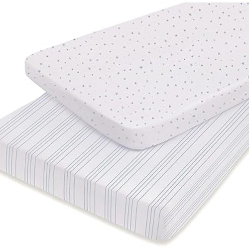 Ely’s & Co. Pack and Play Sheets, for Mini/Portable Crib, 2 Pack Fitted Playpen Play Yard Sheet Set Compatible with Graco Pack n Play, for Baby Boys, 100% Cotton, Blue Stars and Stripes, 38”x24”x5”