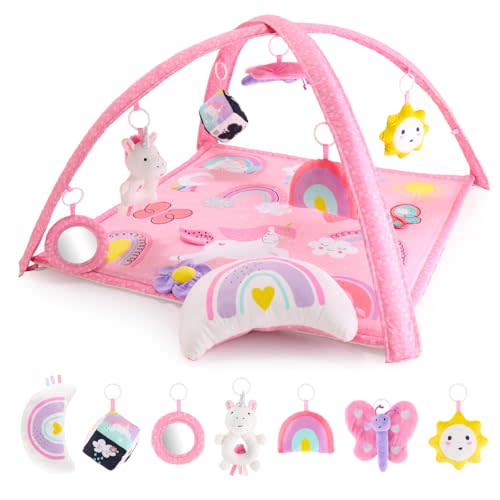 Peanutshell Baby Girl Rainbow Paradise 7-in-1 Play Gym - Playmat Toys for Newborns, Infants: 0-6, 6-12 months Tummy Time Mat with Hanging Toys, Soft Padded