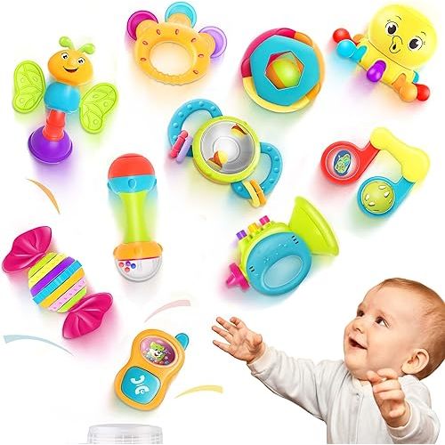 iPlay, iLearn 10pcs Baby Rattles Toys Set, Infant Grab Shake Rattle, Sensory Teether, Babies Development Learning Music Toy, Newborn First Stocking Stuffer Gifts 0 1 2 3 4 5 6 7 9 10 12 Month Boy Girl