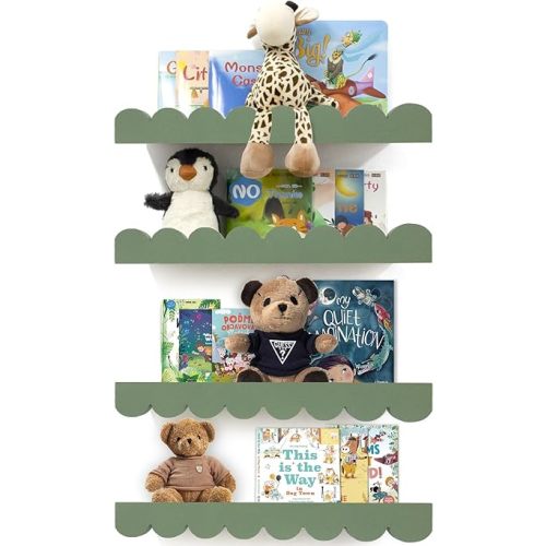 Scalloped Shelves for Nursery - Wall Book Shelves for Bedroom Kids, Nursery Bookshelf for Wall Set of 4, Floating Book Shelves Solid Wood,16 Inch, Sage