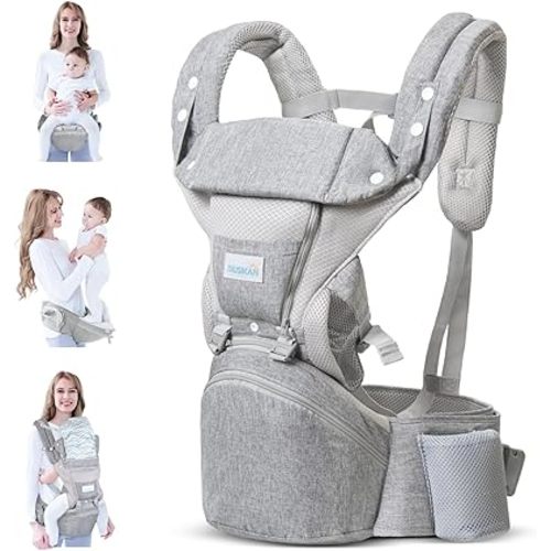 Baby Carrier Newborn to Toddler, BIUSIKAN Premium Fabric 6-in-1 Baby Carrier with Hip Seat & Head Hood(0-36 Months), One Size Fits All - Ergonomic Toddler Carrier with 3 Pieces Teething Pads(Grey)