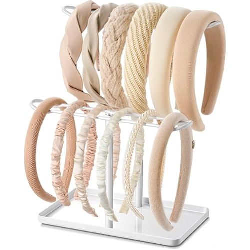Headband Holder Organizer for Hair Accessories: Headband Storage Vanity Hair Clip Organizer, Two-Tier Stand with Storage Tray for Girls Women, Jewelry Necklace Rack for Vanity, Bathroom, White