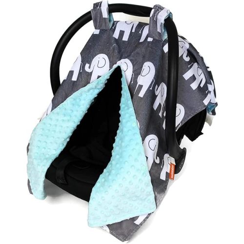 Dear Baby Gear Deluxe Car Seat Canopy, Custom Minky Print White Elephants, Opal Blue Minky Dot