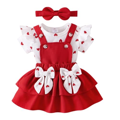 FOCUTEBB Baby Girl Clothes Newborn Romper Love Heart Print Short Sleeved Ruffled Bow Skirt Headband Outfits Set 0-18 Months