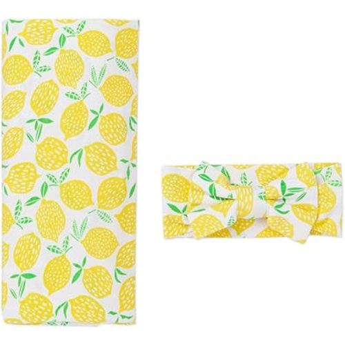 Little Sleepies Swaddle & Headband Bow Set, Viscose from Bamboo Baby Swaddles, Newborn Baby Girl Clothes (Lemons)