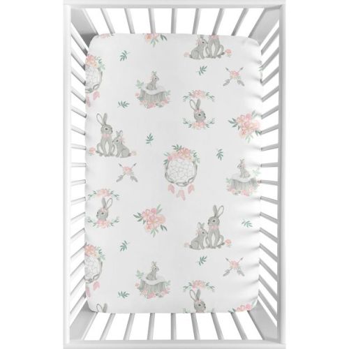 Sweet Jojo Designs Girl Baby Fitted Mini Crib Sheet Bunny Floral Pink And Grey