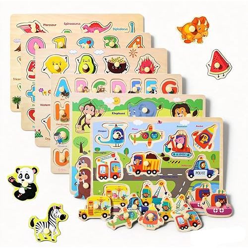 Montessori Wooden Peg Puzzles for Toddlers 2–4, 6 Pack Preschool Learning Toys – Alphabet, Numbers & Math, Animals, Dinosaurs, Fruits & Vehicles – Fine Motor Skills & Early Learning Set
