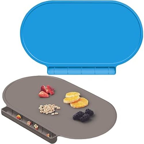 Kids Silicone Placemats, Baby Placemats with Food Catching for Kids Toddler Children Reusable Non-Slip Table Mats Baby Food Mats for Restaurant, 2Pack, Blue/Gray