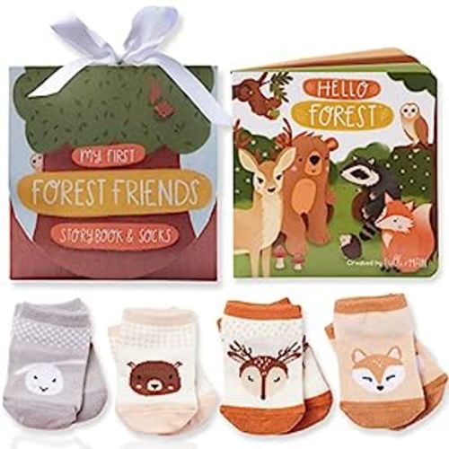 Tickle & Main Forest Friends 5-Piece Gift Set for Infants 0-12 Months, Includes Storybook and 4 Pairs of Animal Socks Woodland Baby Shower Gifts for Girls Baby Shower Gifts for Boys