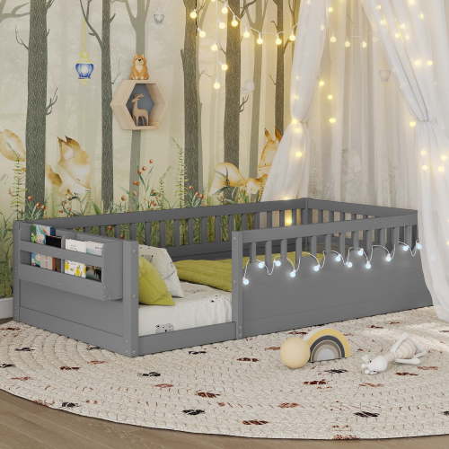 Montessori Floor Bed with High Rails, LED Lights & Storage Shelf, Safe & Wider Opening Gate Design, Twin Size Floor Bed for Boys & Girls, Gray