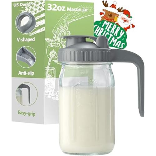 32oz Glass Pitcher with Lid & V-shaped Pour Spout - 1 Quart Breastmilk Pitcher Double Leak Proof, Creamer Container for Sun Tea, Juice, Cold Brew Coffee, Breastmilk Storage Container