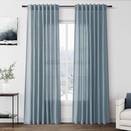 Light Blue Linen Curtains 84 Inch Length 2 Panels Set for Living Room Rod Pocket Back Tab Light Filtering Window Drapes for Bedroom Dining Room Protect Privacy Modern Farmhouse Decor 52x84