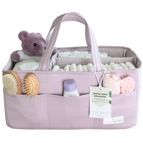 Lily Miles Baby Diaper Caddy Organizer, Wipeable Diaper Organizer Basket with 8 Pockets for Newborn Essentials, Baby Shower Gifts, Nursery Tote Bag for Changing Table or Car (Rosy Lilac, Large)