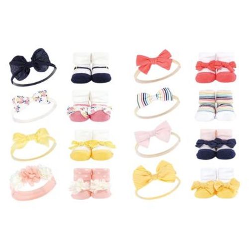 Hudson Baby Infant Girl 16Pc Headband and Socks Set, Pink Yellow Flower Coral Stripe, One Size