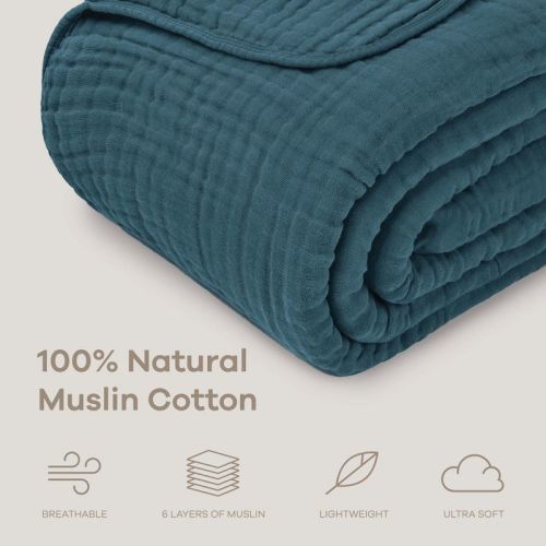 Comfy Cubs Muslin Throw Blanket - 50” x 60” Quilted Design - Lightweight, Breathable 6-Layer - Neptune