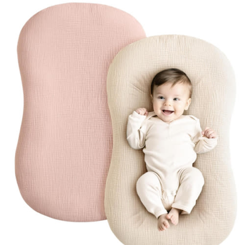Konssy Muslin Baby Lounger Cover 2 Pack, 100% Cotton Newborn Lounger Cover, Soft and Breathable Baby Nest Slipcover for Boys Girls (Pink,Wheat)