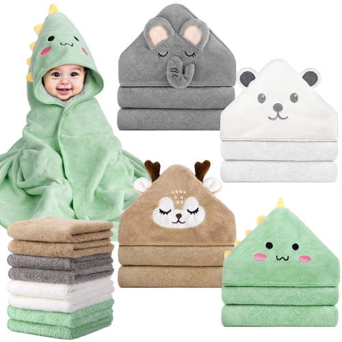12 PCS Baby Bath Towels Set, 4 Animal Hooded Baby Towels & 8 Washcloths Set, Cute Soft Essentials Gift for Infants Toddlers