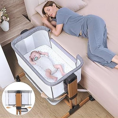 Ezebaby 3-in-1 Baby Bassinet, Rocking Baby Bassinets Bedside Sleeper, Adjustable Portable Crib for Newborn Infant with Wheels Storage Basket and Mesh Sides (Mid Gray)