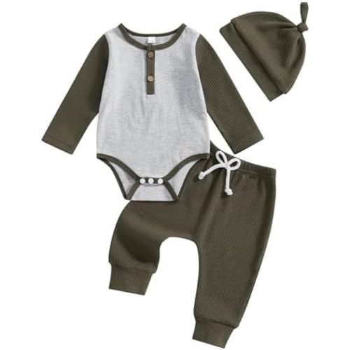 Karuedoo Newborn Infant Baby Boy Fall Winter Outfit Waffle Knit Contrast Color Romper Pants Hat 3Pcs Coming Home Outfits Set