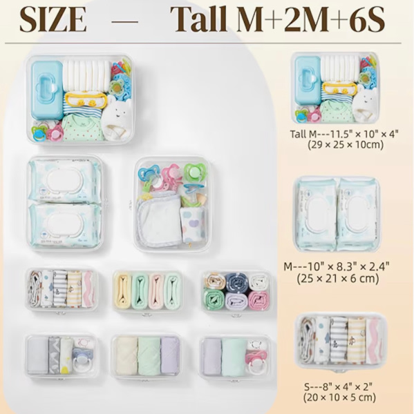 9 pcs Zipper Pouches Nesting Set, Hard Shell Toiletry Bag, Stackable Travel Organizer, Cosmetic Bags, Transparent Diaper Bag, Storage Cases (1 Tall M + 2M + 6S)