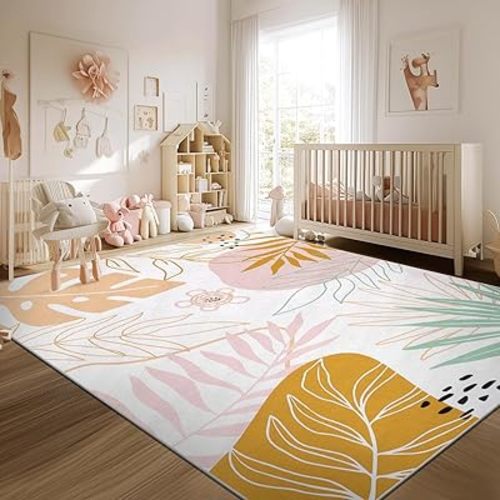 Yamaziot Washable Area Rug 5x7 Non-Slip Pink Boho Rug for Bedroom Cute Soft Throw Kids Nursery Rug, Low Pile Abstract Plant Print Soft Floor Carpet for Bedroom Nursery Classroom Living Room