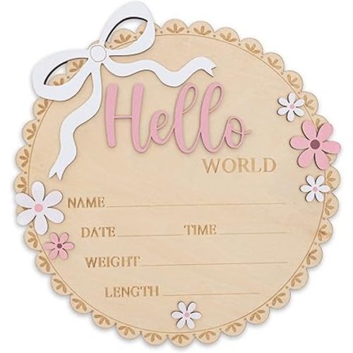 Hello World Wooden Baby Birth Announcement Sign, Pink Floral Newborn Name Date Time Weight Length Board, Baby Girl Nursery Decor Photo Prop Keepsake (Light Pink + White)
