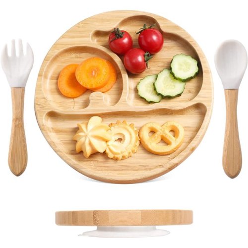 Baby Bamboo Suction Plates Set with Spoons & Fork, Baby Food Dishes Feeding Set for Led Weaning Plate, Baby Utensils Set, BPA Free