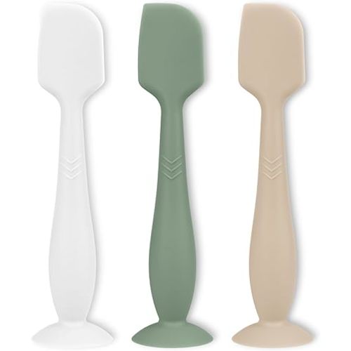 3 Piece Full Size Diaper Cream Applicator Set - Soft Silicone Baby Butt Spatula with Suction Base (White/Sage/Sand)