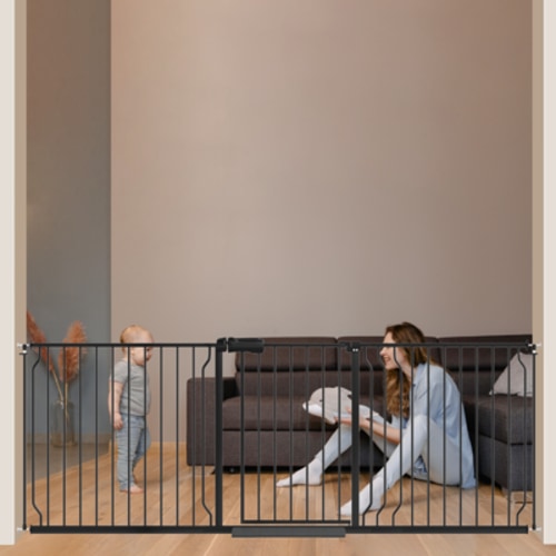 Fairy Baby 85" Extra Wide Baby Safety Gate Walk Thru Black Metal Gate