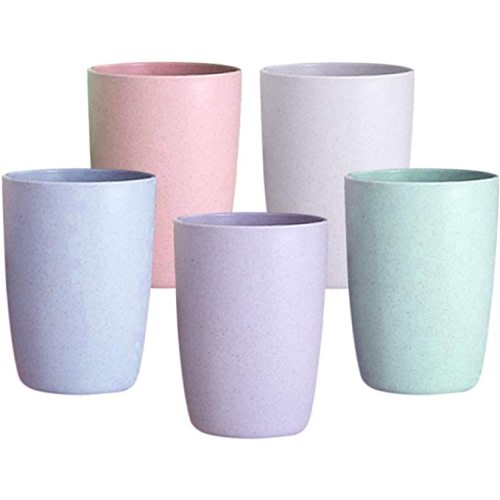 Shopwithgreen Unbreakable Reusable Drinking Cups, Wheat Straw Healthy Tumbler Set of 5, for Coffee, Tea, Milk, Dishwasher Safe 12 OZ - Blue,Pink,Beige,Green&Purple