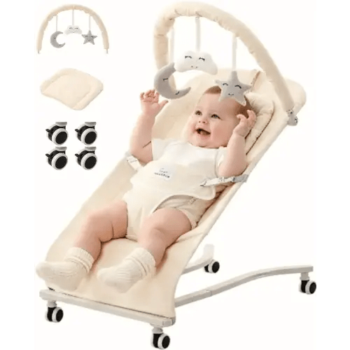 Cuddo Baby Bouncer 100% Cotton Wheelable, with Head Support, 0-12M -Beige