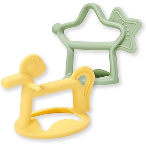 Wrist Teether Gift Set 100% Silicone, Wearable Type Baby Chew Toy Baby Gift for Newborn, Roly Poly Toy, Silicone Teething Toys for Infant and Toddler, Bracelet Type (Star Sage, Pony Yellow)