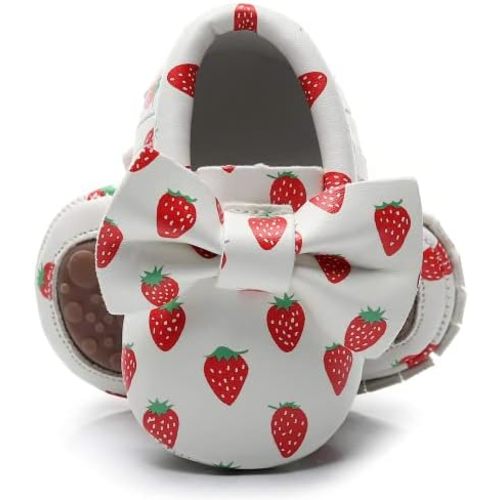 HONGTEYA Baby Moccasins with Rubber Sole&Soft Sole - Flower Print PU Leather Tassel Bow Girls Ballet Dress Shoes for Toddler