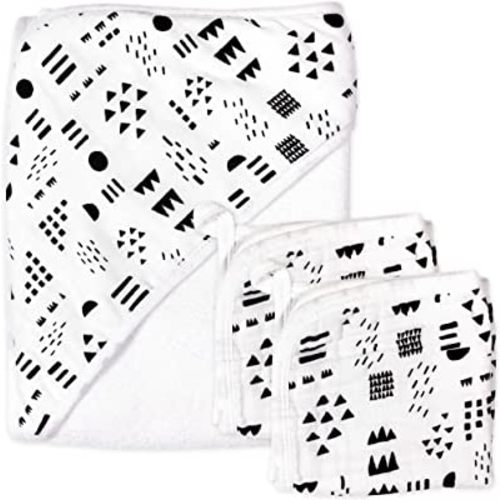 HonestBaby unisex baby 3-Piece Organic Cotton Hooded Towel & Washcloth Set Bandana, Pattern Play, One Size US